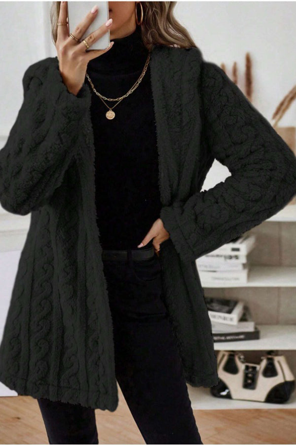 Winter Thicken Fluff/Granular Fleece Fabric Plain Casual Lapel Collar Long Sleeve Mid-long Teddy Jacket