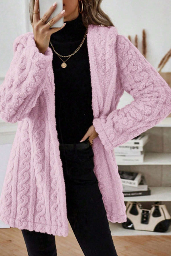 Winter Thicken Fluff/Granular Fleece Fabric Plain Casual Lapel Collar Long Sleeve Mid-long Teddy Jacket