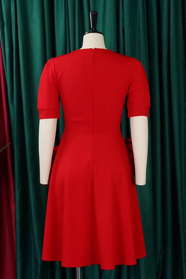 Red Bow Short-Sleeved Dress