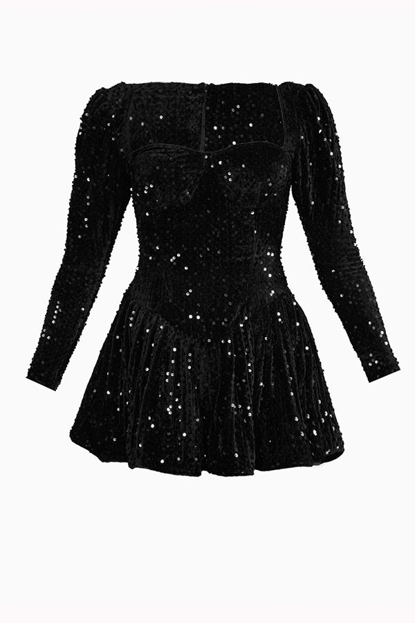 Black Sequin Cup Detail Long Sleeve Skater Playsuit