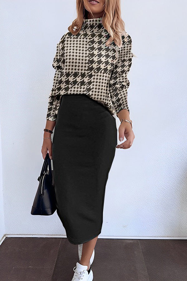 Plaid Pattern Mock Neck Top & Skirt Set