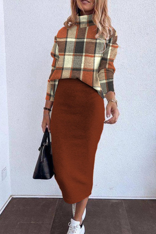 Plaid Pattern Mock Neck Top & Skirt Set