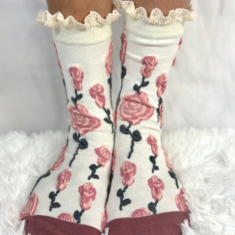 Flowers Knit Lace Top Crew Sock - Ivory Pink