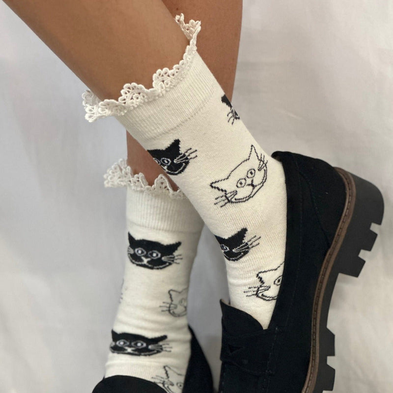 Here Kitty Cat Novelty Print Crew Sock Womens- Ivory