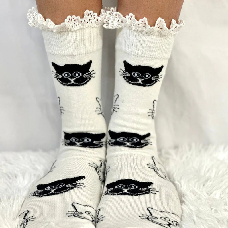 Here Kitty Cat Novelty Print Crew Sock Womens- Ivory