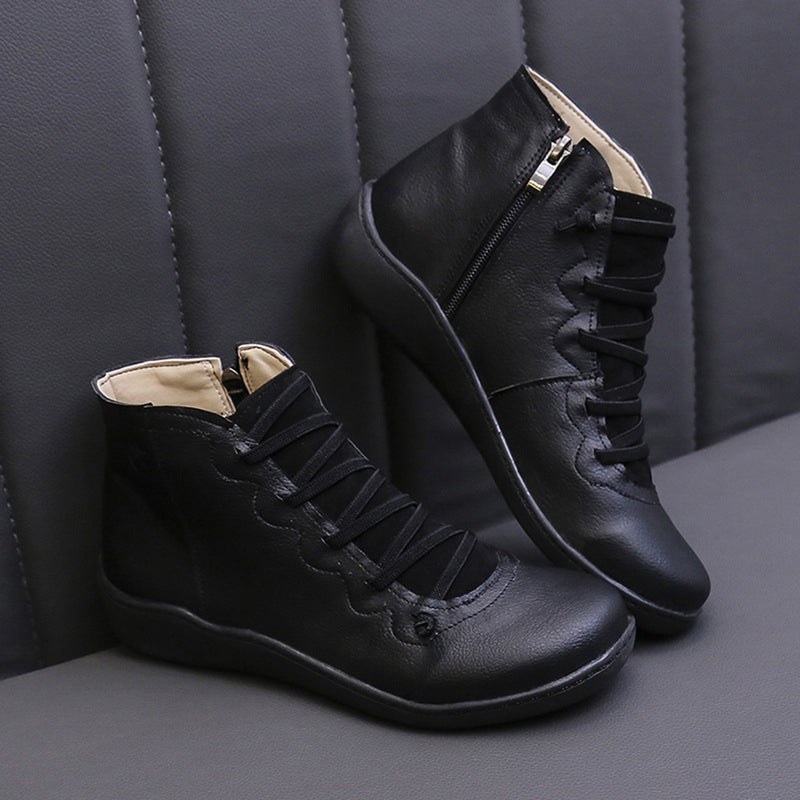 Women Lether Fall Flat Heel PU Boots