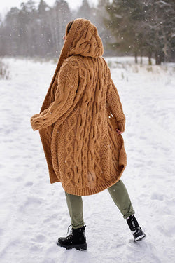 Women's Long Knitted Cardigan Coat In Camel Color With Hood