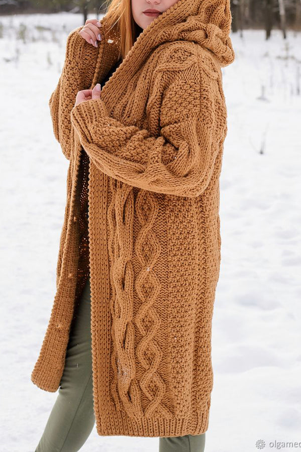 Women's Long Knitted Cardigan Coat In Camel Color With Hood