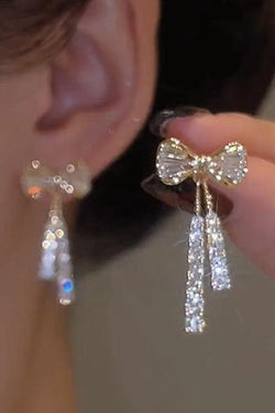 Elegant Rhinestone Bow Tassel Dangle Earrings