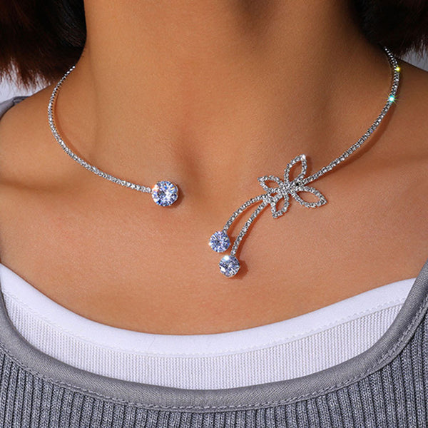 Rhinestone Butterfly Silver Party Choker