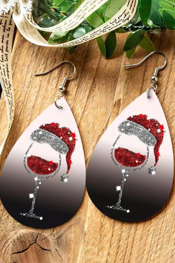 Christmas Hat Wine Glass Gradient Glitter Earrings