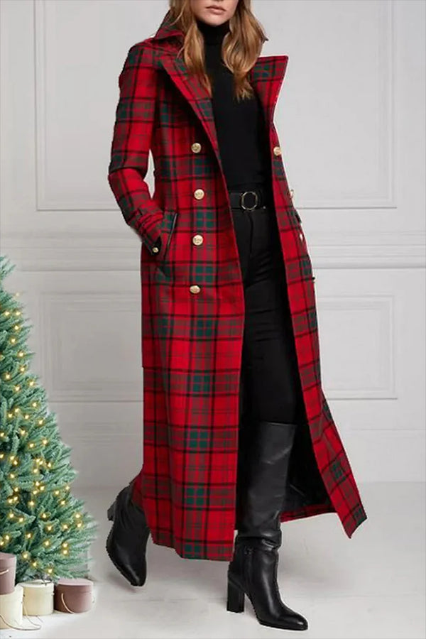 Christmas Plaid Colorblock Notch Lapel Double-Breasted Coat