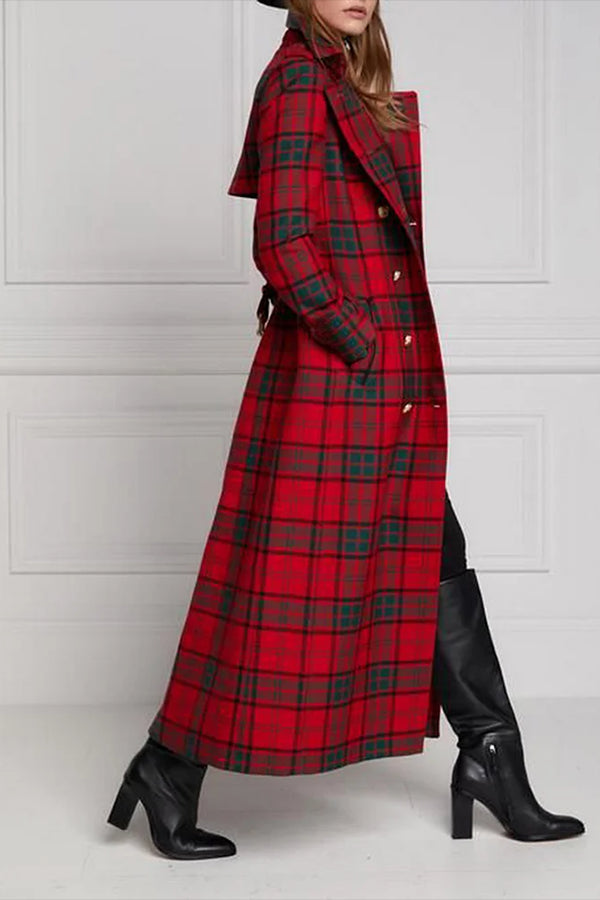 Christmas Plaid Colorblock Notch Lapel Double-Breasted Coat