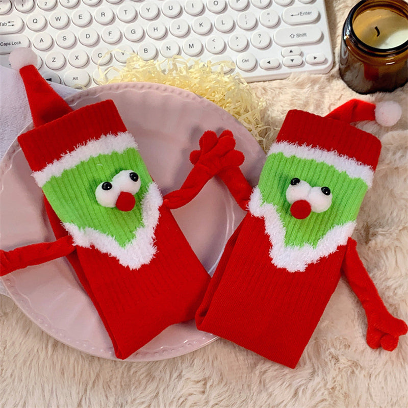 1pair Christmas Cartoon Santa Claus Hat Wearing Mid-calf Magnetic Couple Socks