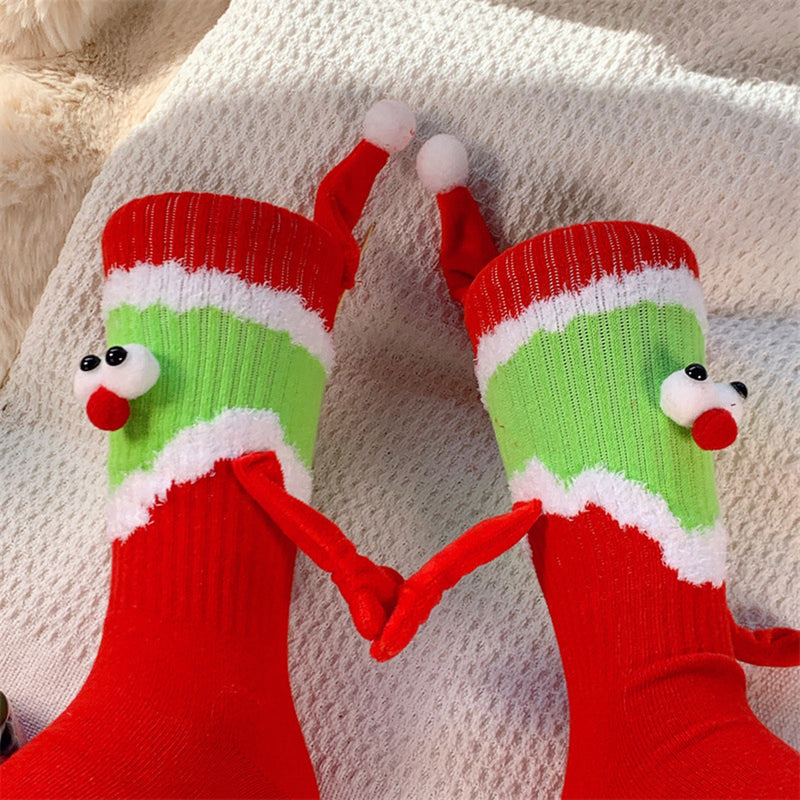 1pair Christmas Cartoon Santa Claus Hat Wearing Mid-calf Magnetic Couple Socks