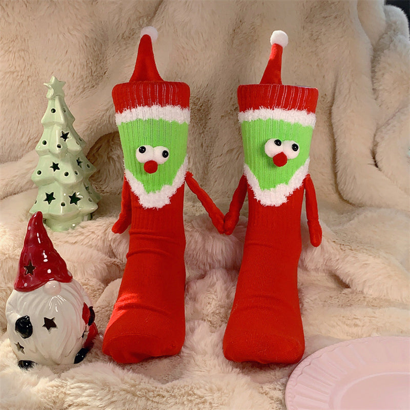 1pair Christmas Cartoon Santa Claus Hat Wearing Mid-calf Magnetic Couple Socks