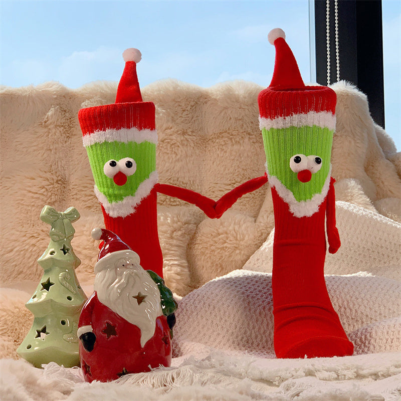 1pair Christmas Cartoon Santa Claus Hat Wearing Mid-calf Magnetic Couple Socks