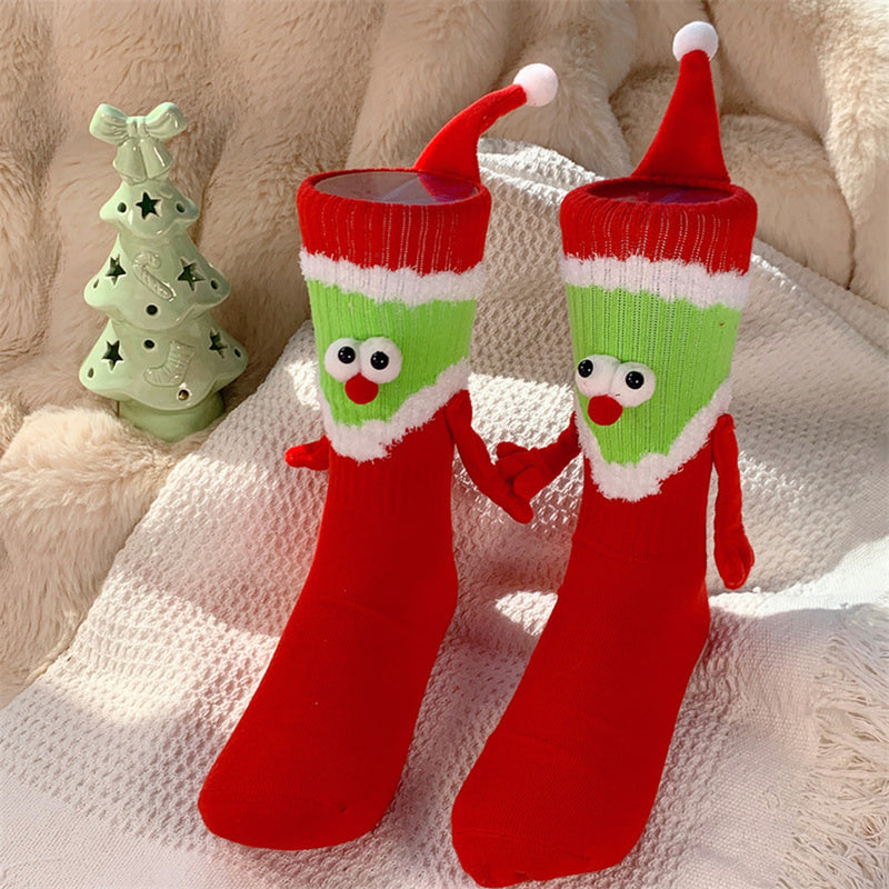 1pair Christmas Cartoon Santa Claus Hat Wearing Mid-calf Magnetic Couple Socks