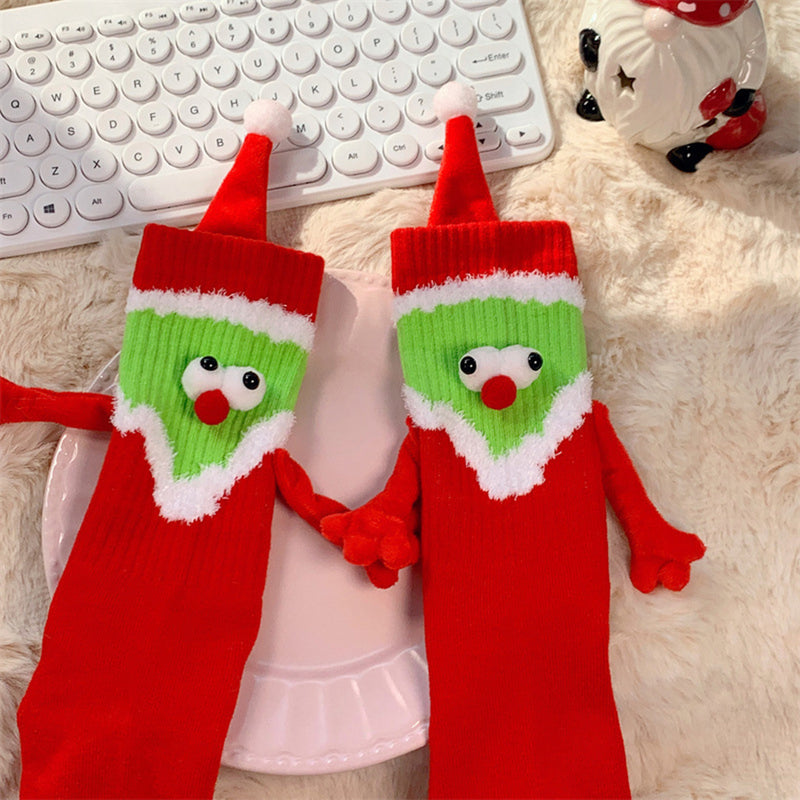 1pair Christmas Cartoon Santa Claus Hat Wearing Mid-calf Magnetic Couple Socks