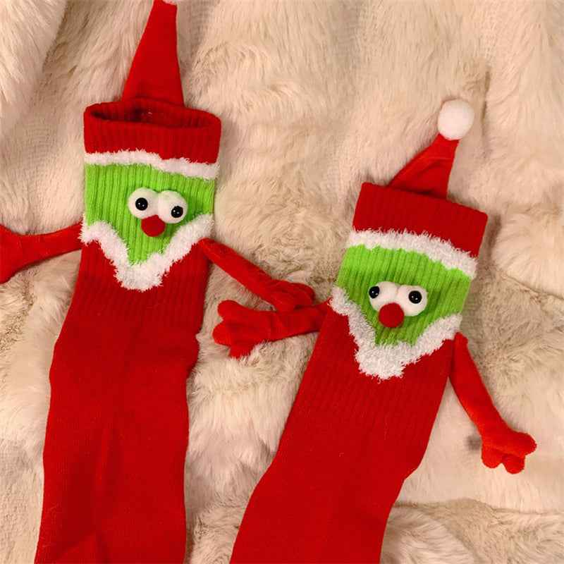 1pair Christmas Cartoon Santa Claus Hat Wearing Mid-calf Magnetic Couple Socks