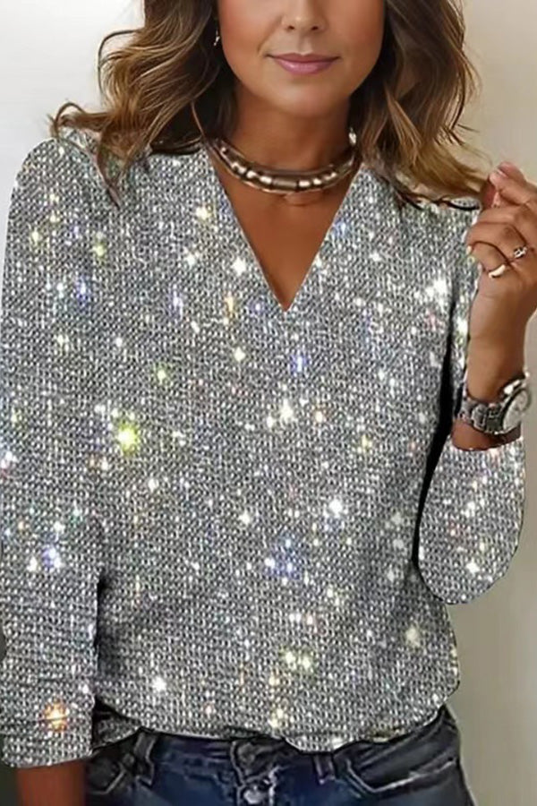 V-Neck Sequined Long-Sleeved Top