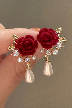 Fashion Water Doplet Pearl Rhinestone Floral Earrings