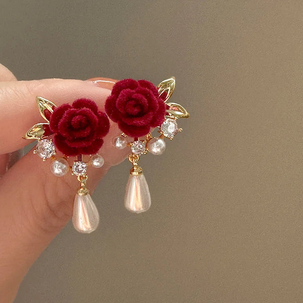 Fashion Water Doplet Pearl Rhinestone Floral Earrings