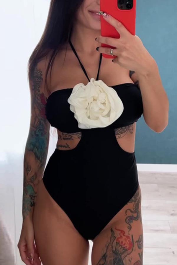 Halter Neck Three Dimensional Flower One Piece Swimsuit