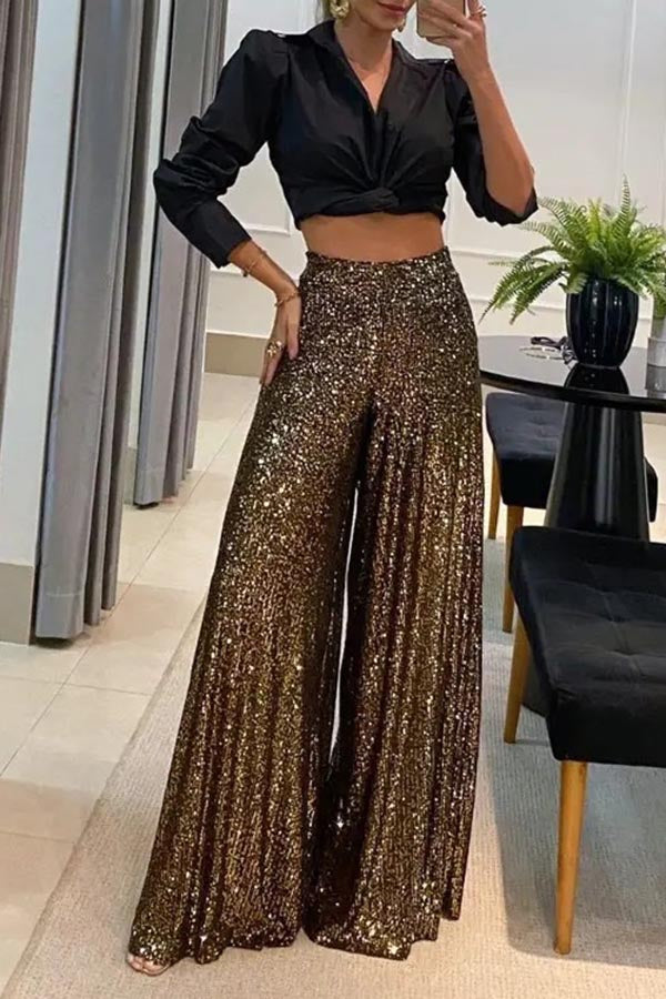 Casual Solid Sequins Loose Mid Waist Wide Leg Solid Color Bottoms(3 Colors)