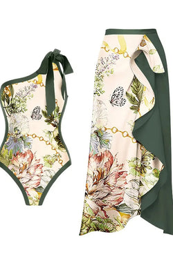 One Shoulder Floral Print One Piece Swimsuit And Skirt