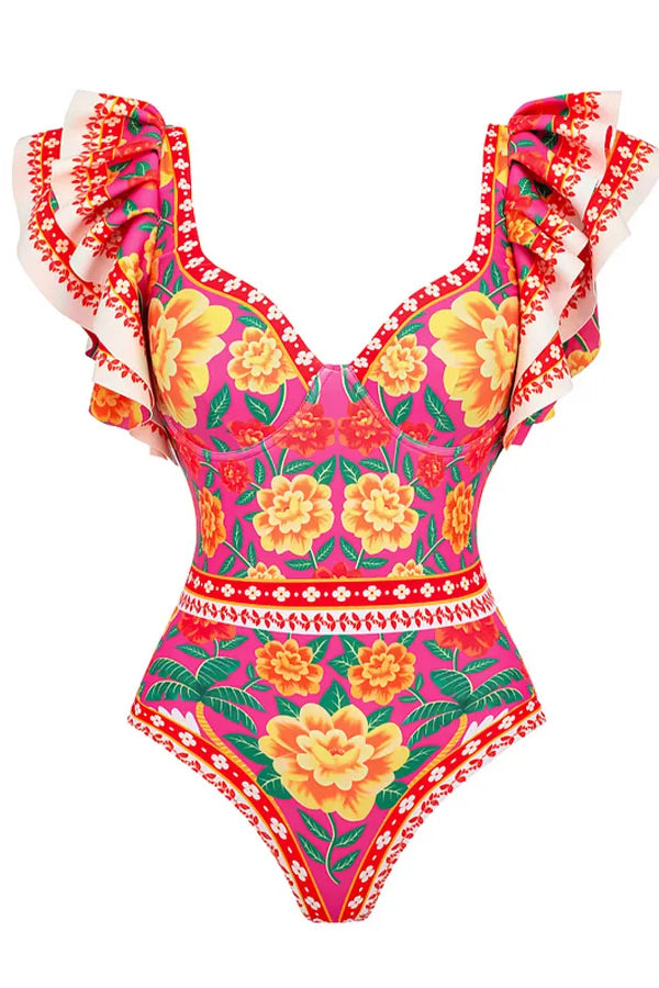 Vintage Ruffled Floral Print Swimsuit