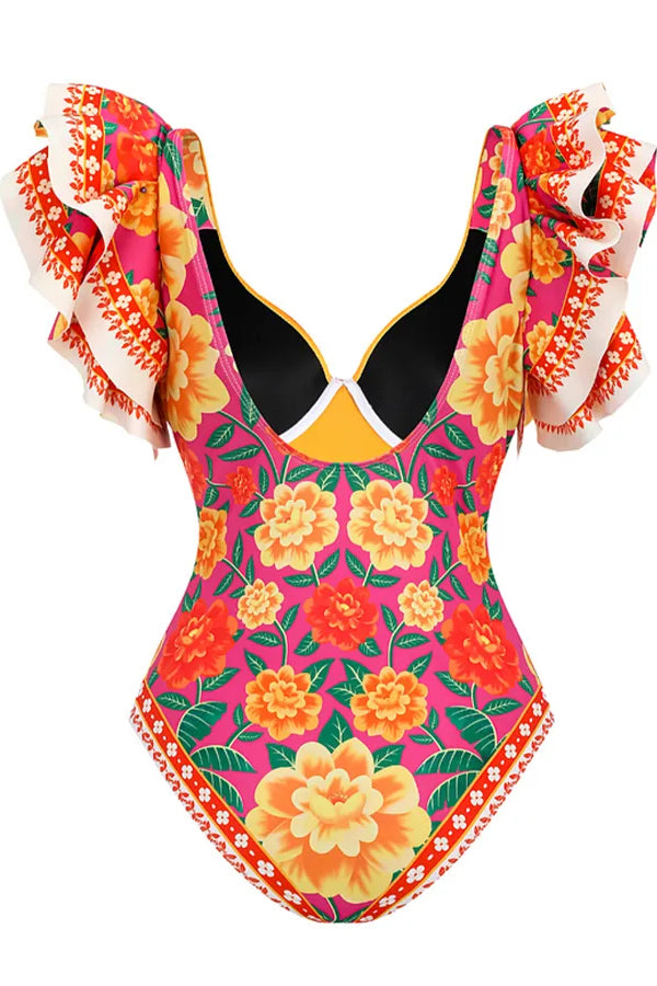 Vintage Ruffled Floral Print Swimsuit