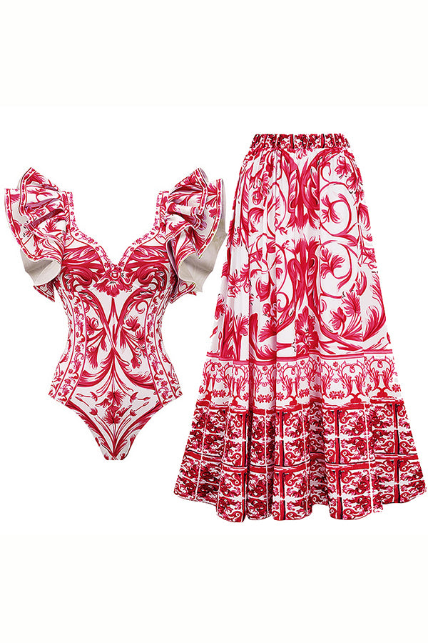 Baroco Style Printed One Piece Swimsuit and Skirt