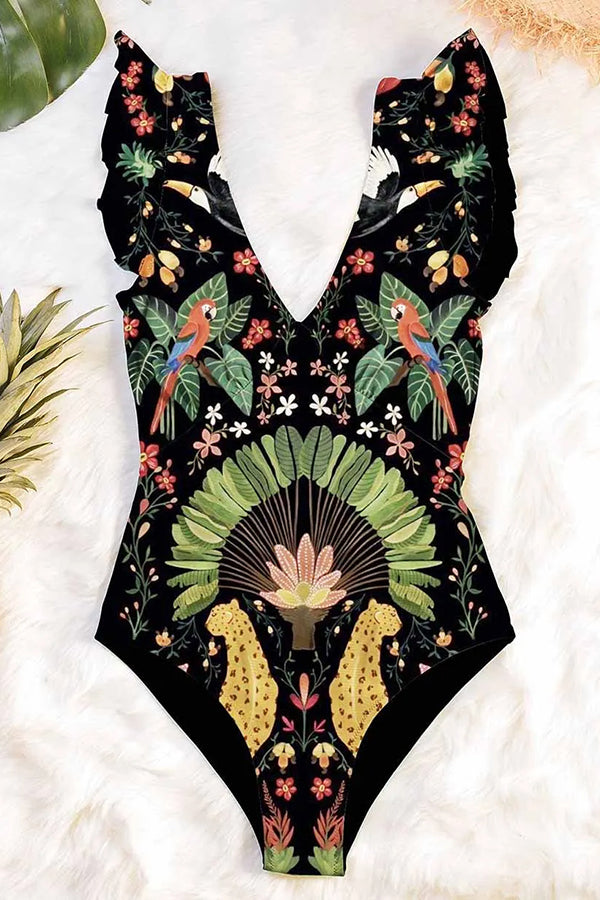 Deep V-Neck Ruffle Print One-Piece Swimsuit