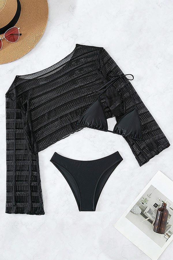 Mesh Beach Three-Piece Bikini + Cover-Up