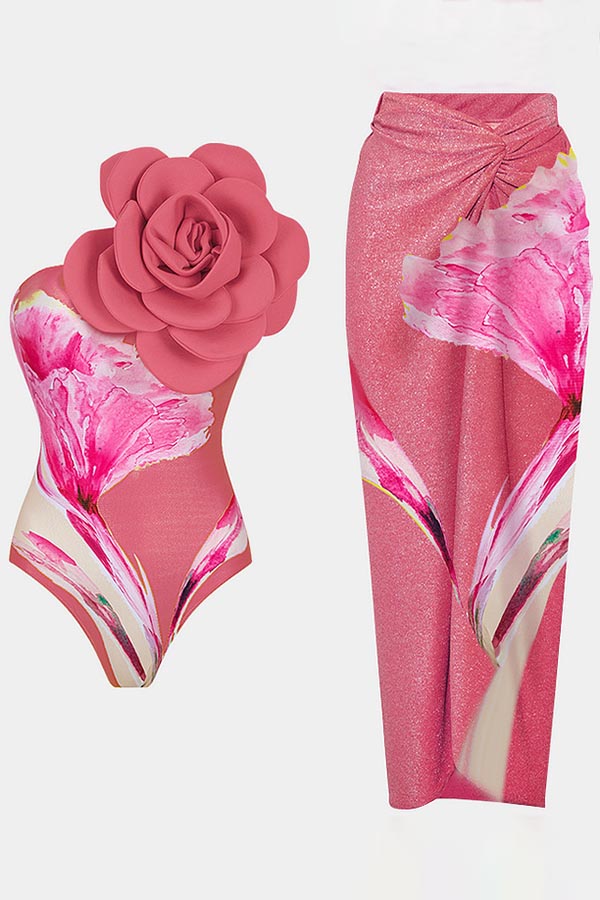 3D Flower One Shoulder One Piece Swimsuit and Skirt