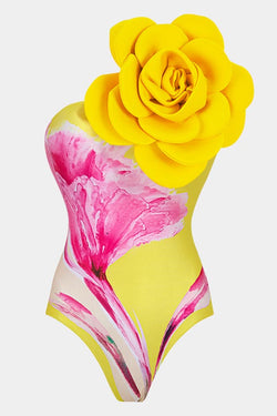 3D Flower One Shoulder One Piece Swimsuit and Skirt