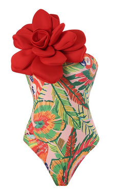 3D Flower One Shoulder One Piece Swimsuit and Skirt