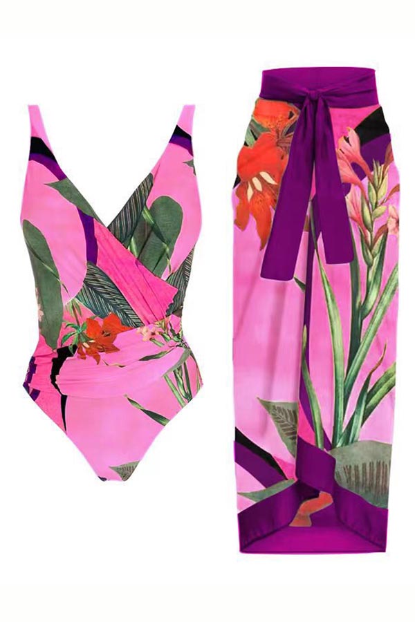 One Piece Swimsuit and Sarong Skirt