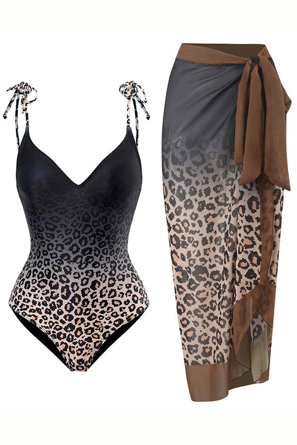 Leopard One Piece Swimsuit and Sarong Skirt