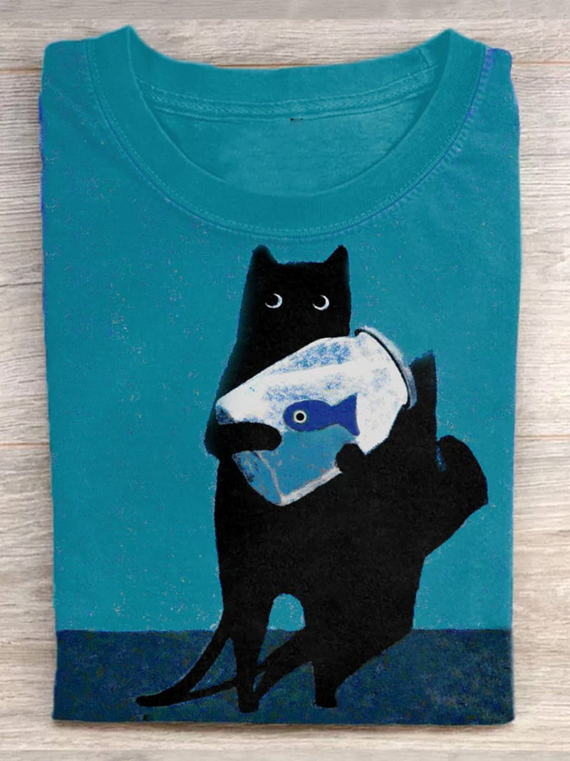 Cat Holding Goldfish Bowl Art Design T-Shirt