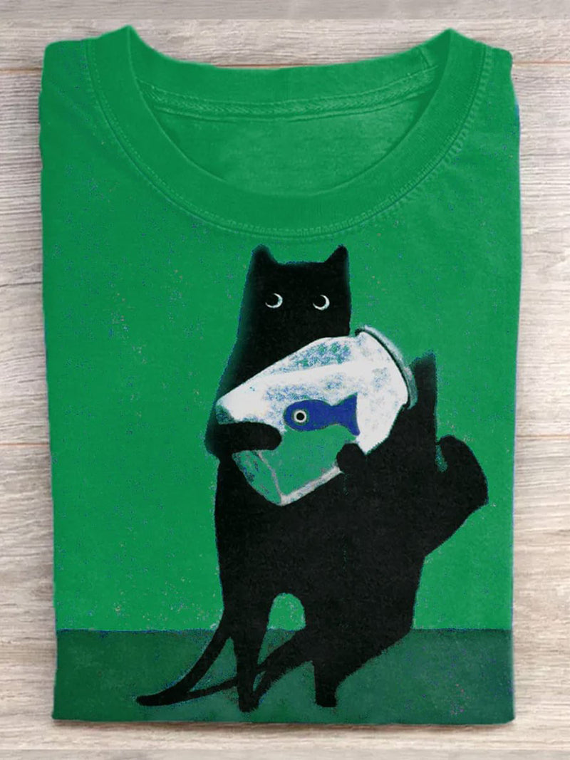 Cat Holding Goldfish Bowl Art Design T-Shirt