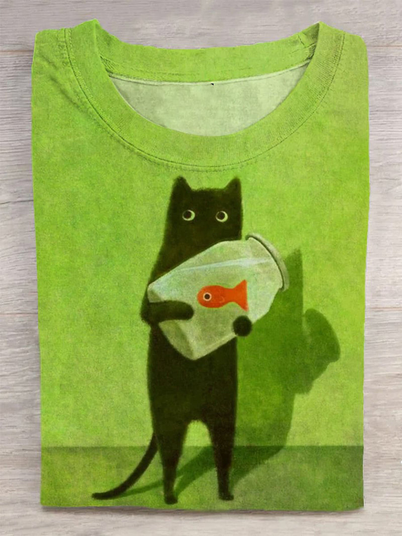 Cat Holding Goldfish Bowl Art Design T-Shirt