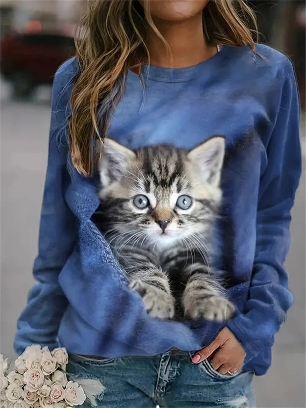 Blue Cat Print Crew Neck Long Sleeve Sweatshirt