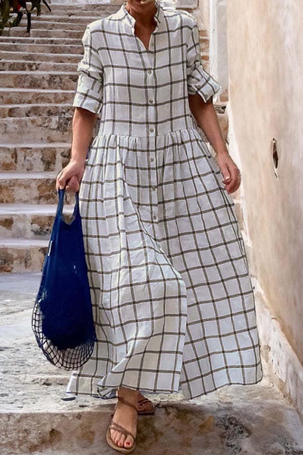 Plaid Long Sleeves Loose Swing Shirt Maxi Dress