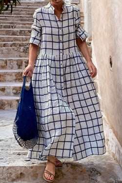 Plaid Long Sleeves Loose Swing Shirt Maxi Dress