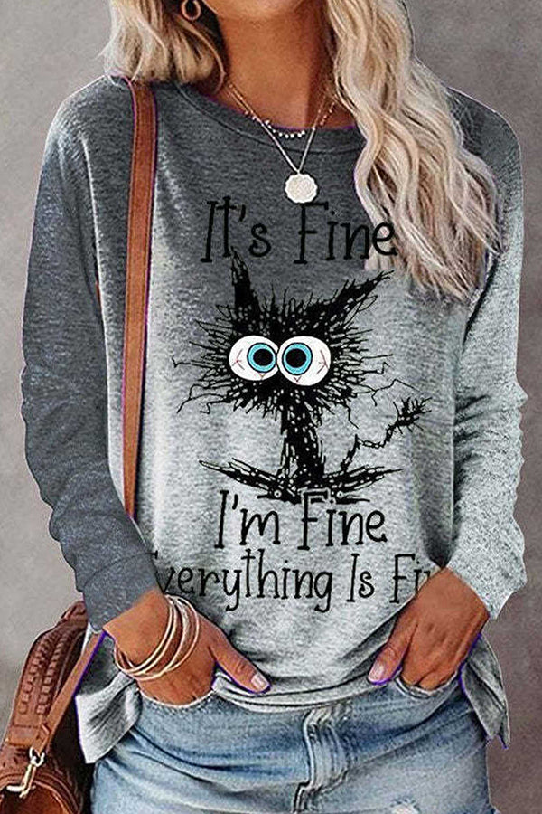 Womens It's Fine I'm Fine Everything is Fine Funny Cat Long Sleeve V-Neck T-Shirt