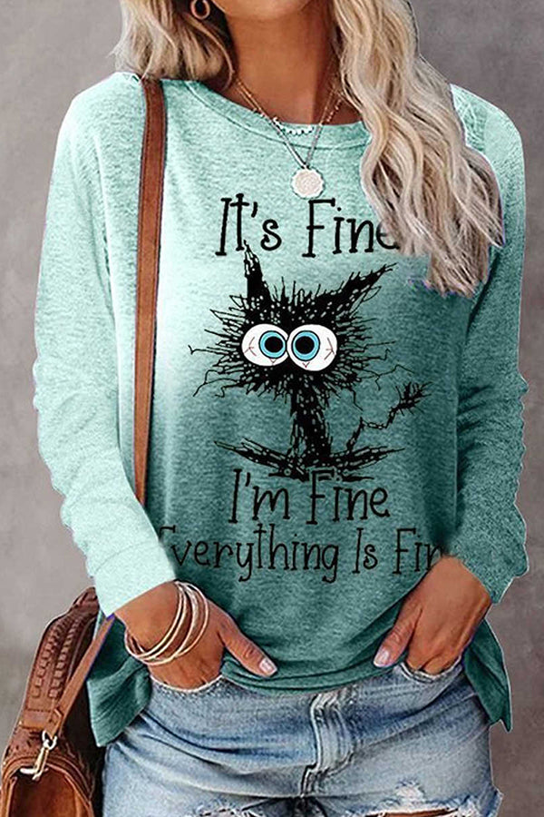 Womens It's Fine I'm Fine Everything is Fine Funny Cat Long Sleeve V-Neck T-Shirt