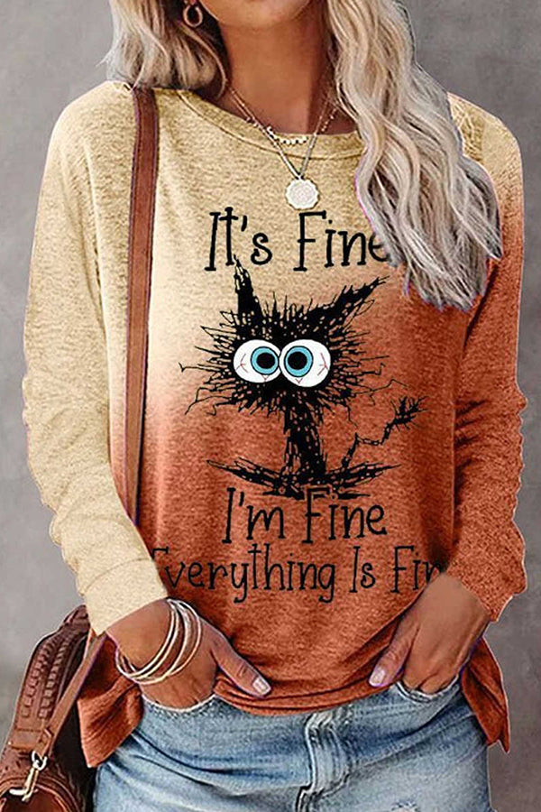 Womens It's Fine I'm Fine Everything is Fine Funny Cat Long Sleeve V-Neck T-Shirt