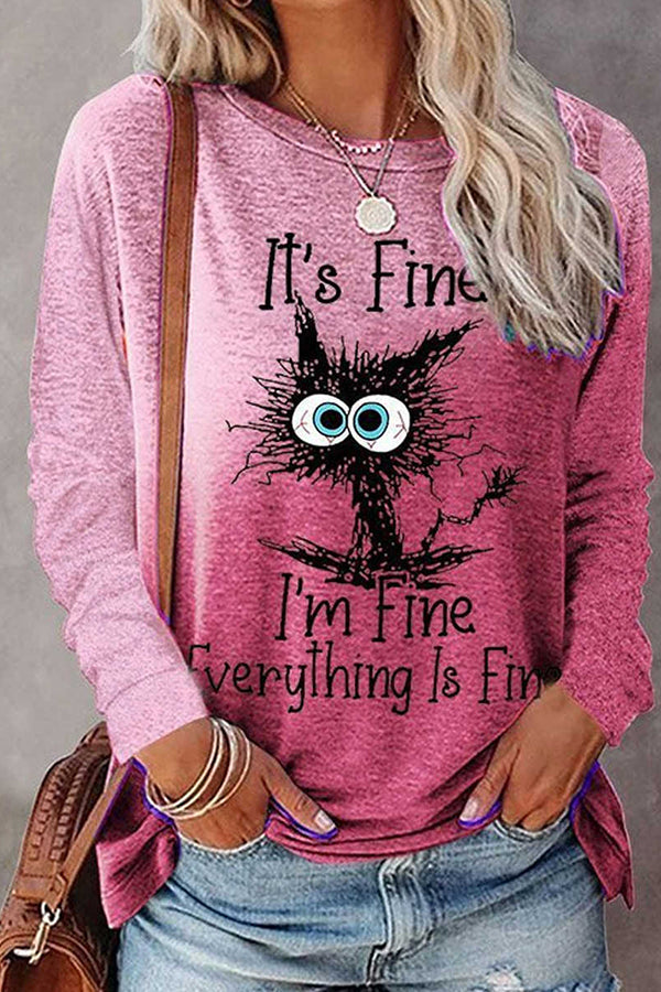 Womens It's Fine I'm Fine Everything is Fine Funny Cat Long Sleeve V-Neck T-Shirt